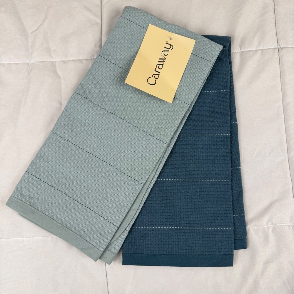 Caraway Tea Towels Set of 2 OS Blue Organic Cotton Textured NEW